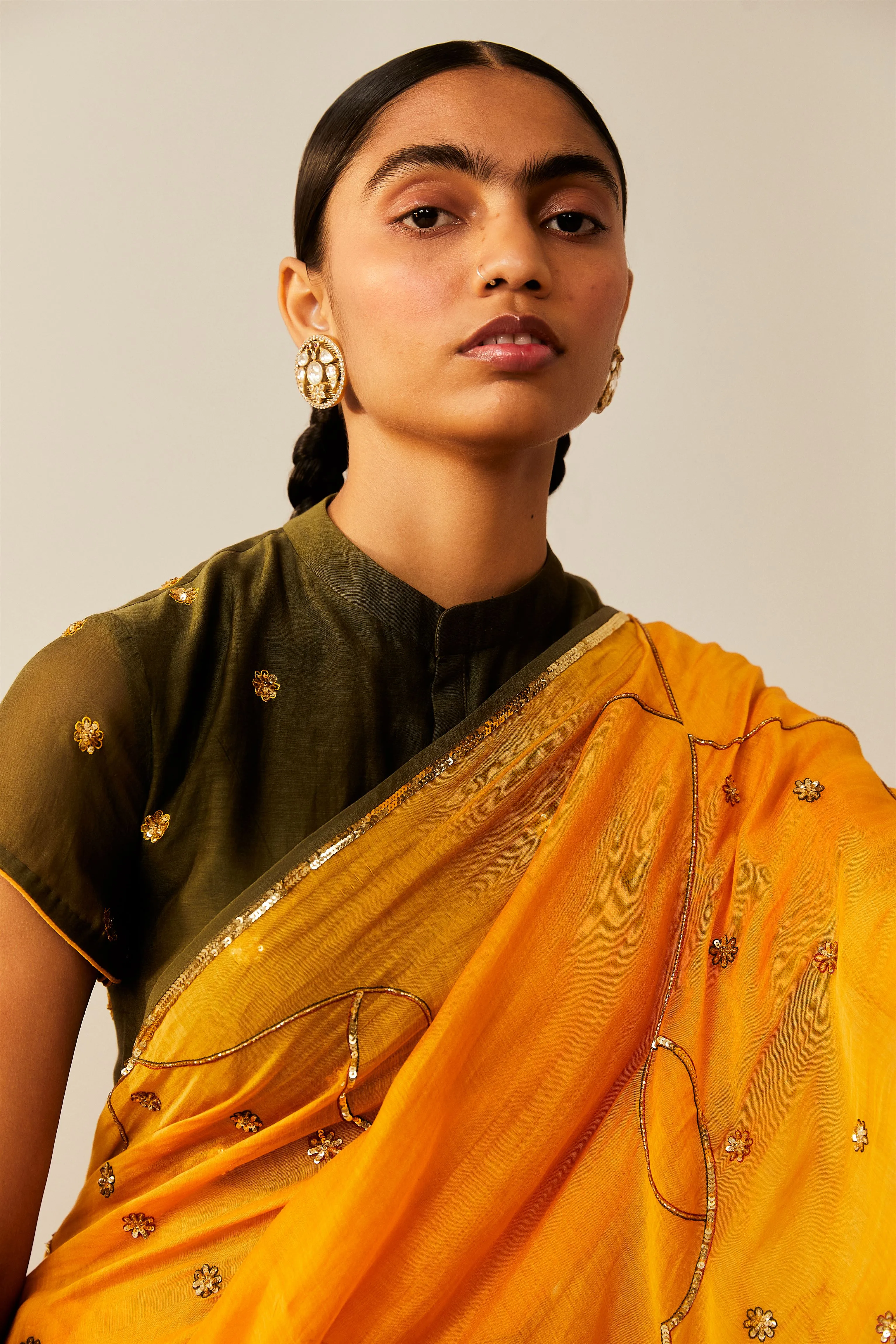 Sarang Kaur Sunnybrook Mango Meenakshi saree Chanderi silk Blouse piece Chanderi silk Bareeki SK01206