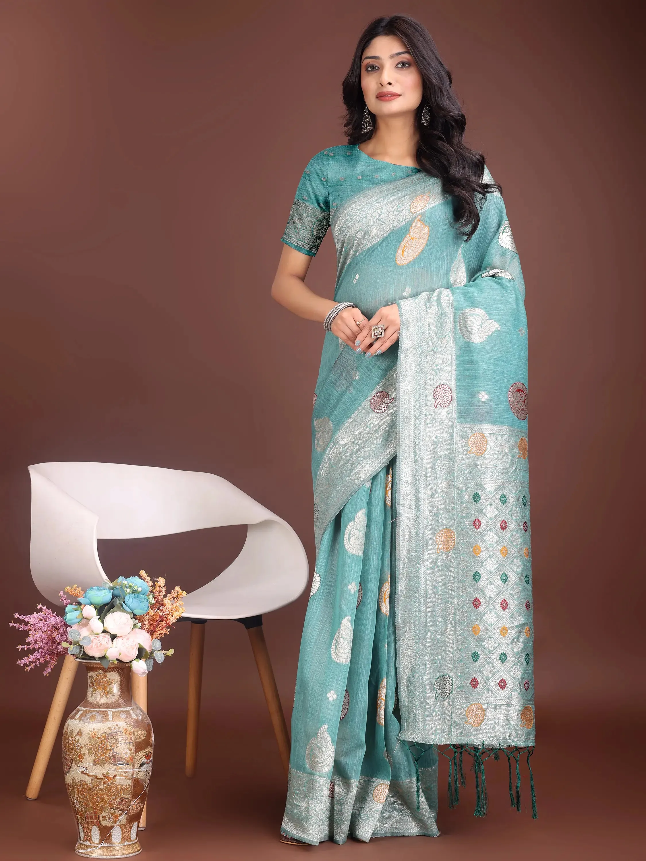 Sea Green Linen Cotton Saree