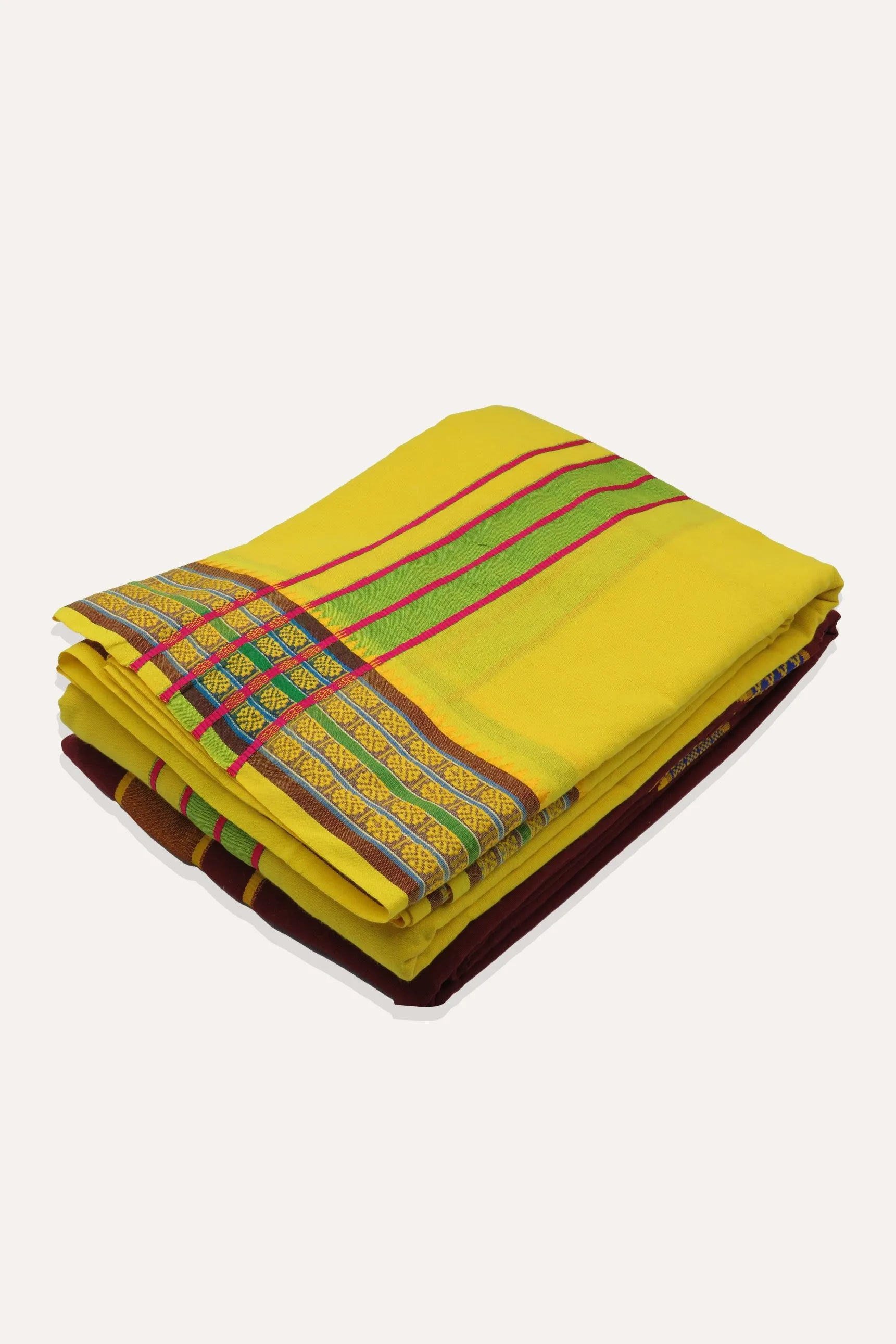 Shyam Unstitched - Yellow Panchakacham Jari Border Dhotis For Men | Uathayam