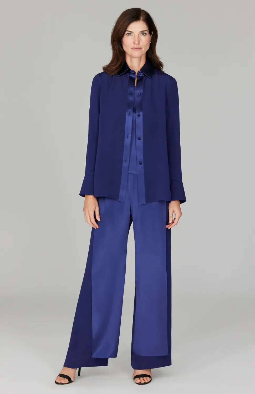 Silk Back Overlap Shirt w/ Satin Trim