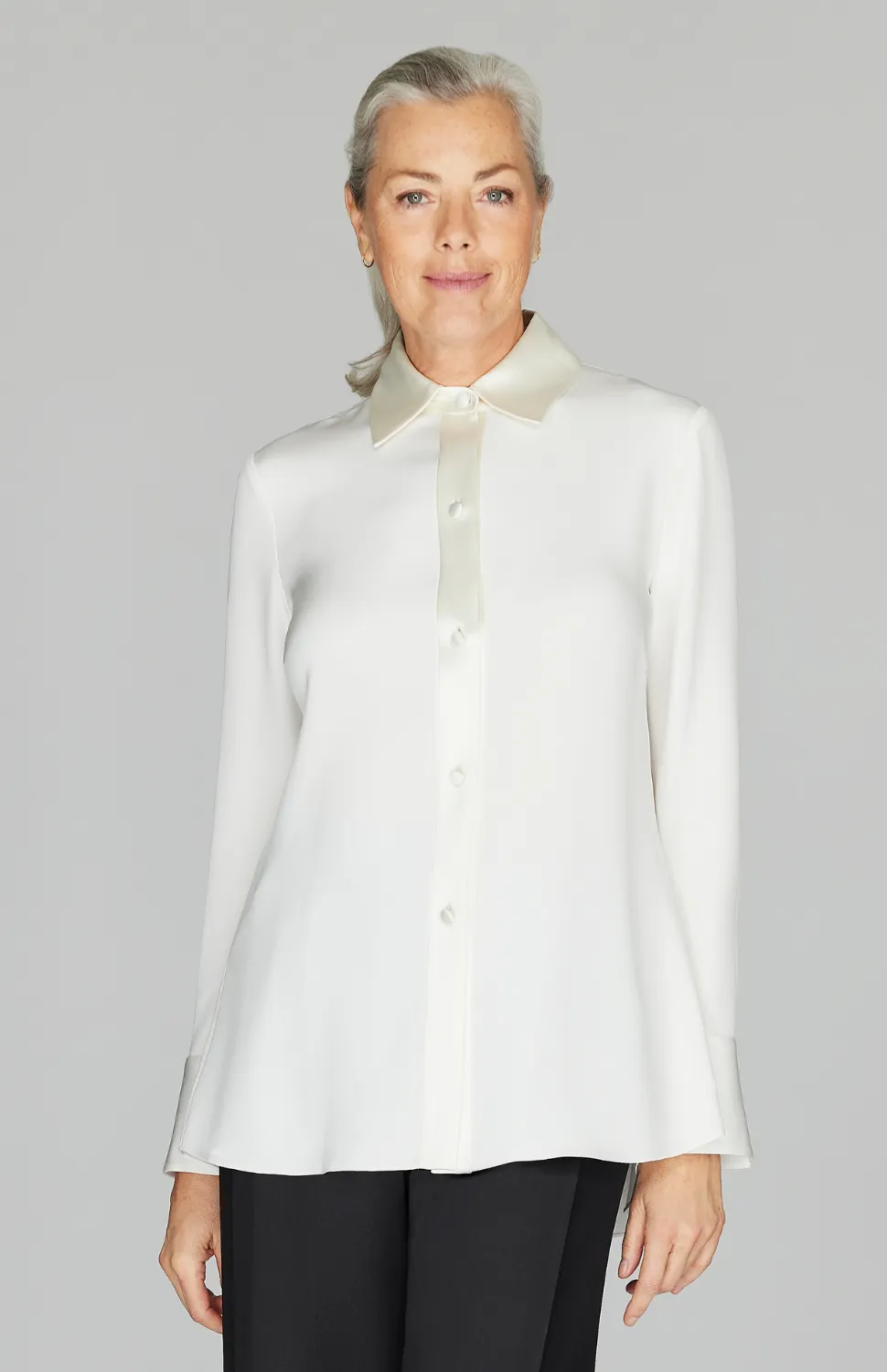 Silk Back Overlap Shirt w/ Satin Trim