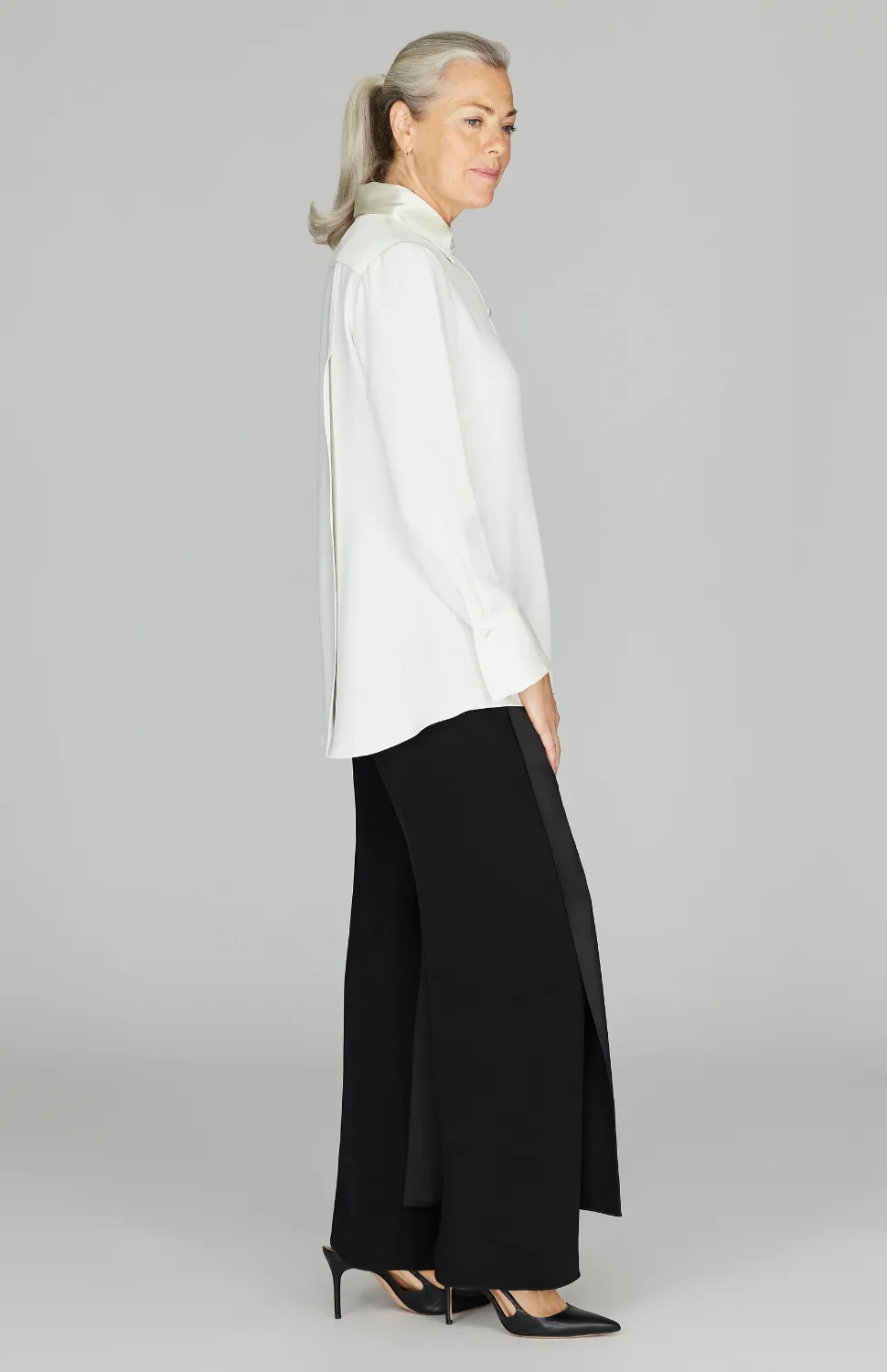 Silk Back Overlap Shirt w/ Satin Trim
