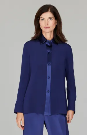 Silk Back Overlap Shirt w/ Satin Trim