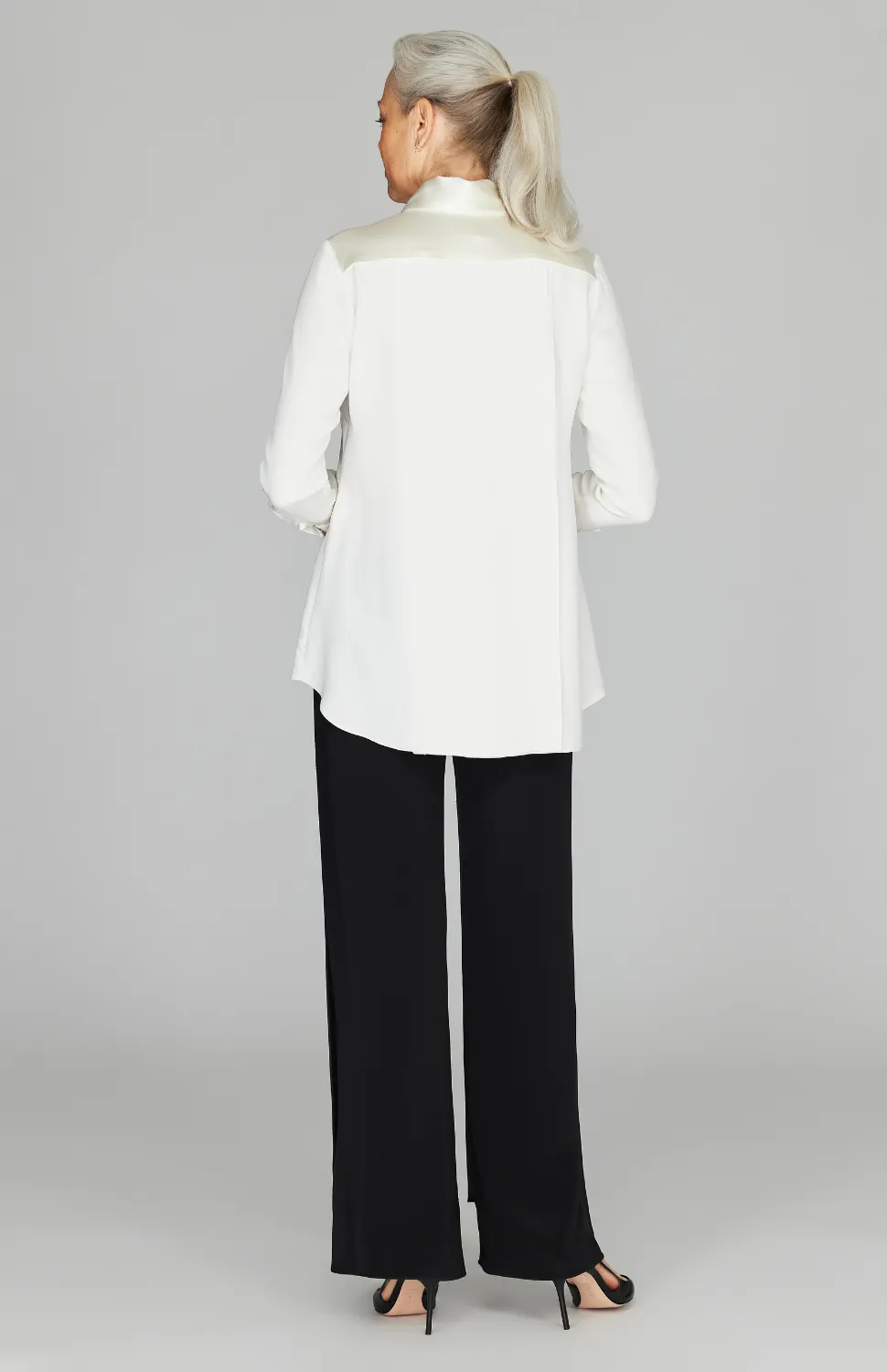 Silk Back Overlap Shirt w/ Satin Trim