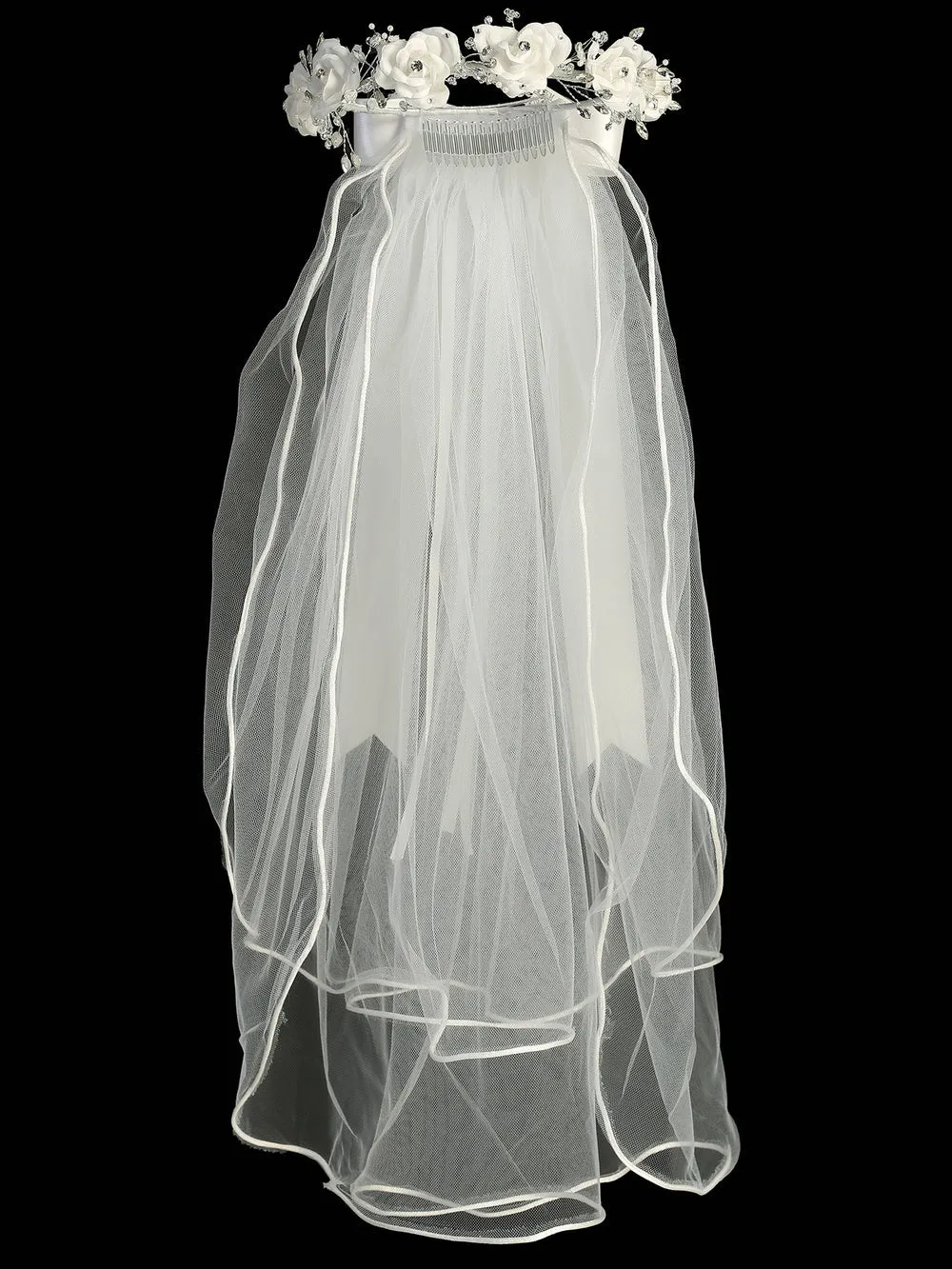 Silk Flowers with Rhinestones First Communion Veil - T-501