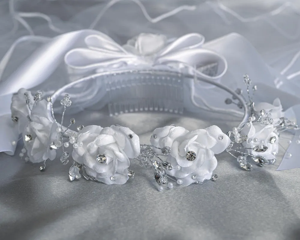 Silk Flowers with Rhinestones First Communion Veil - T-501