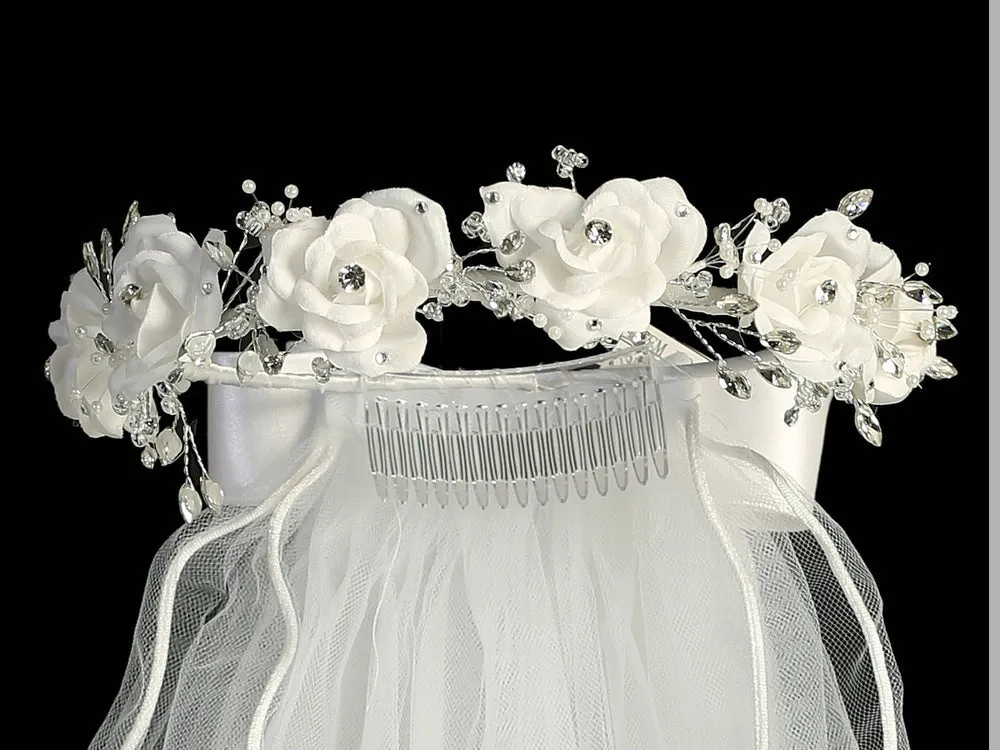 Silk Flowers with Rhinestones First Communion Veil - T-501