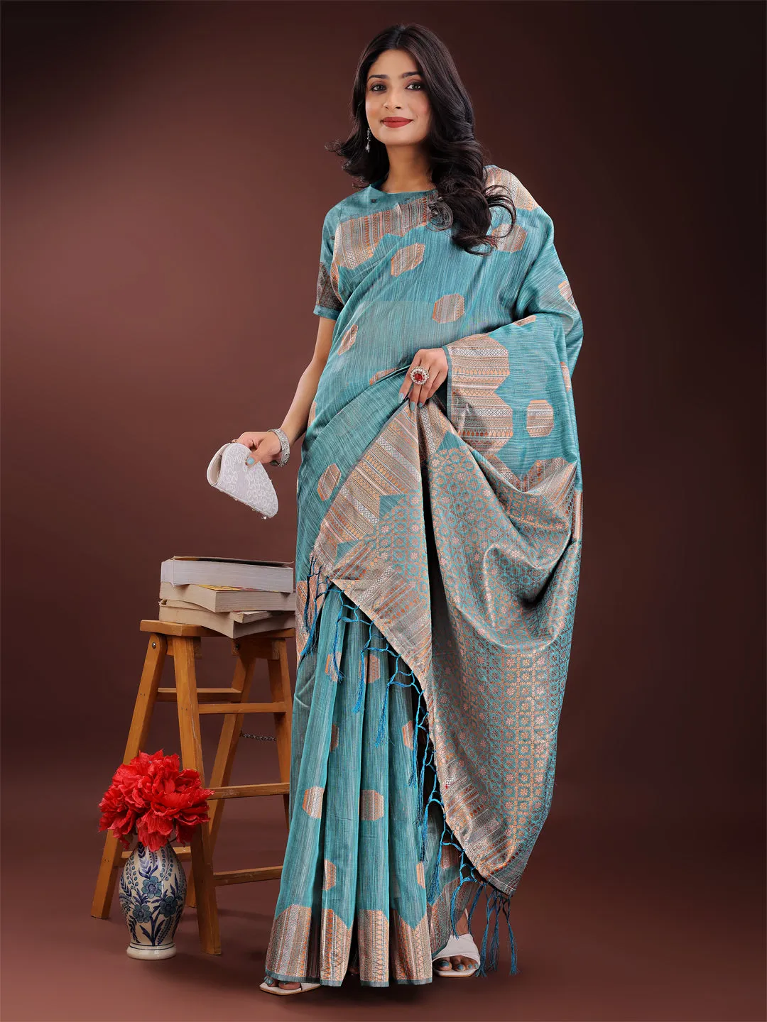 Sky Blue Linen Cotton Saree