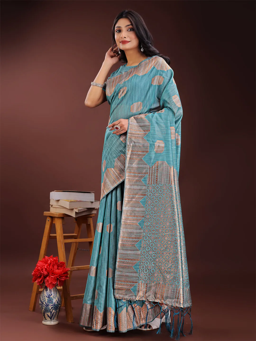 Sky Blue Linen Cotton Saree