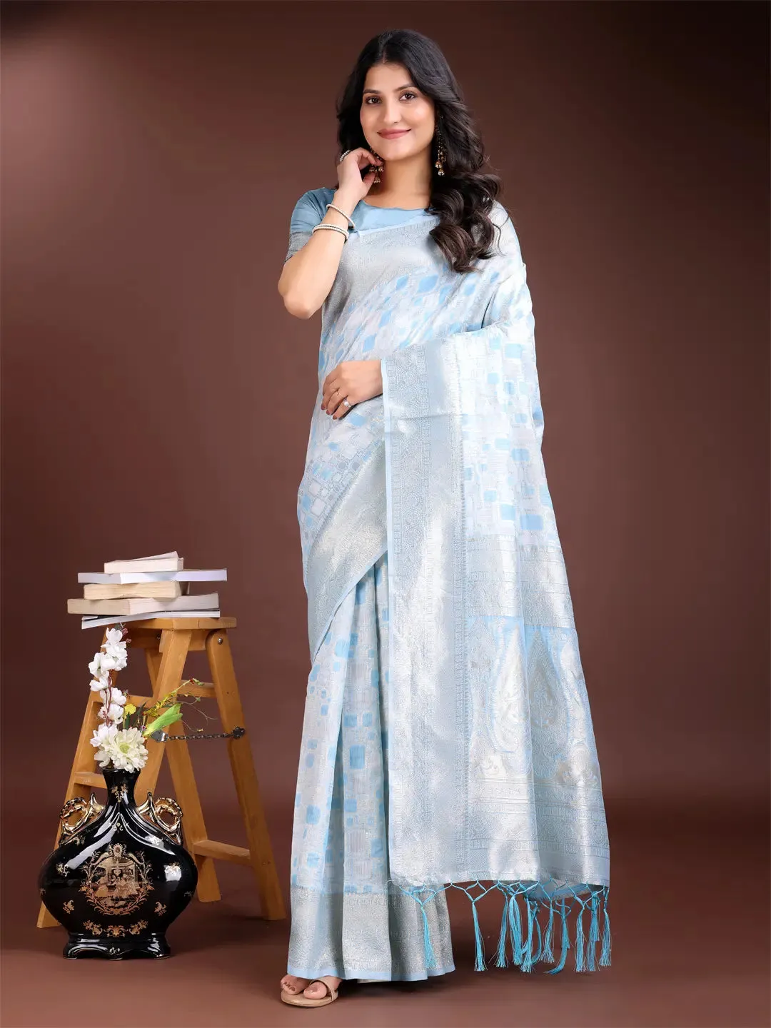 Sky Blue Linen Cotton Saree