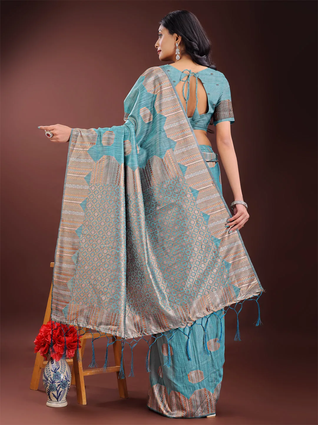 Sky Blue Linen Cotton Saree