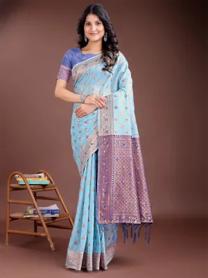 Sky Blue Linen Cotton Saree
