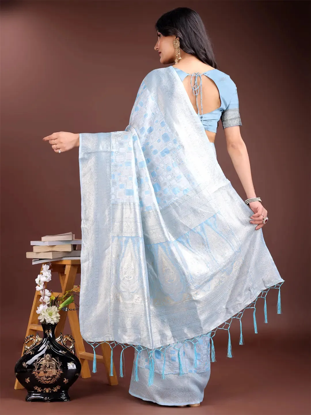 Sky Blue Linen Cotton Saree