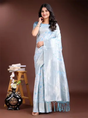 Sky Blue Linen Cotton Saree