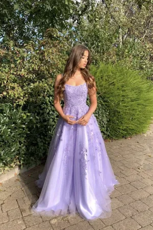 Spaghetti Straps A-Line Appliques Evening Dresses Long Prom Dresses