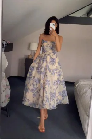 Spaghetti Straps Chiffon Floral Print Prom Dresses