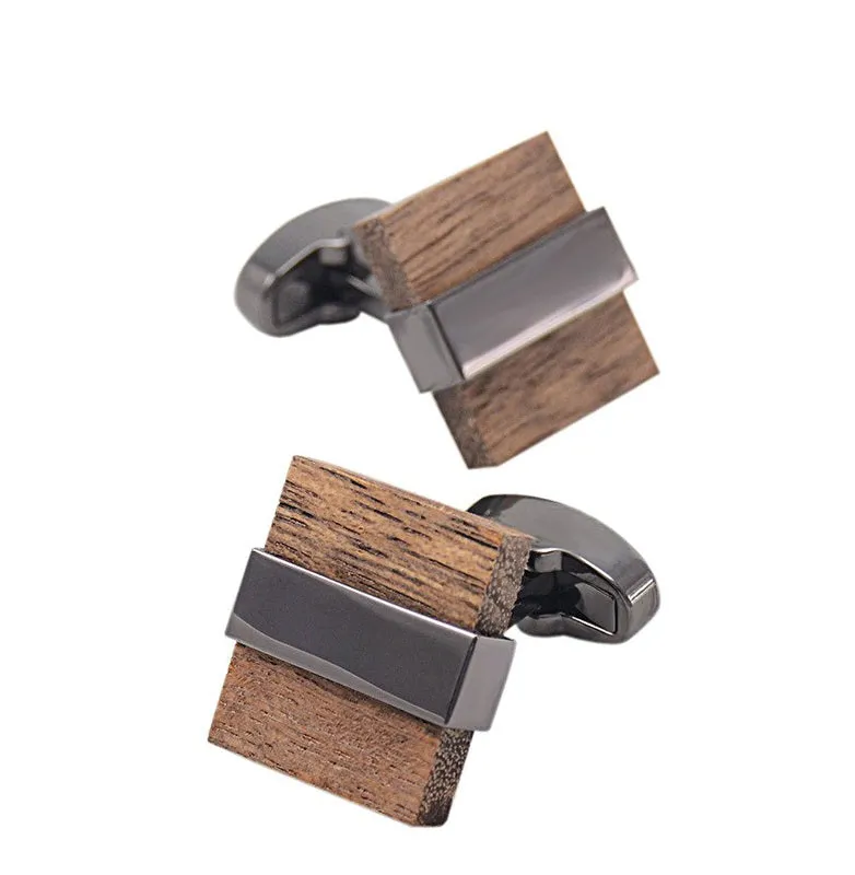 Square Wood and Gun Metal Cuff Links