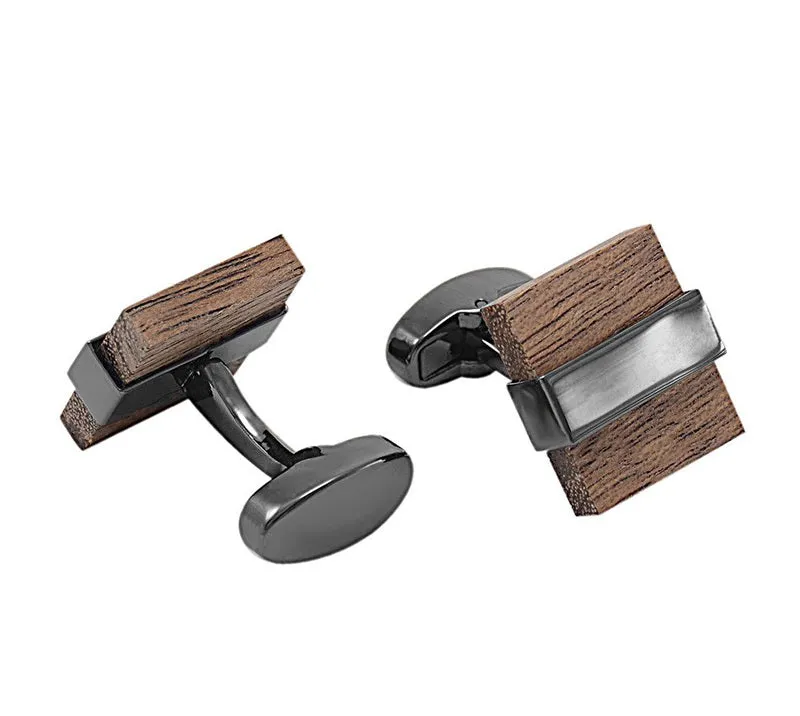 Square Wood and Gun Metal Cuff Links