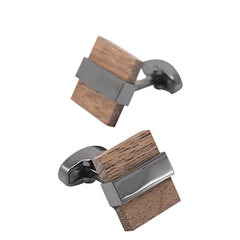 Square Wood and Gun Metal Cuff Links