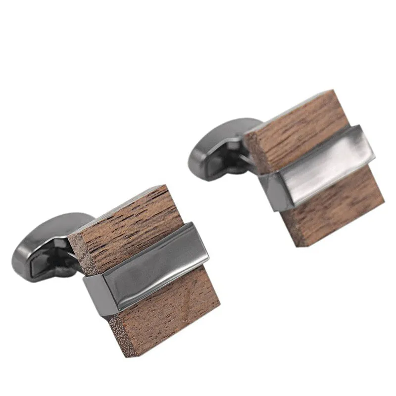 Square Wood and Gun Metal Cuff Links
