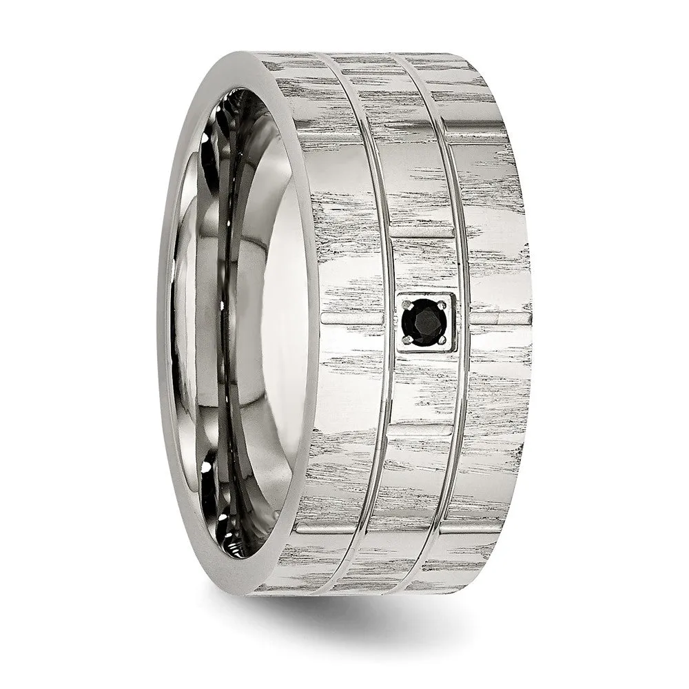 Stainless Steel Brushed and Polished w/Black CZ 10mm Flat Band