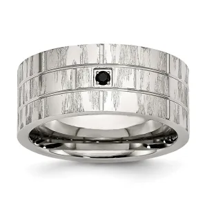 Stainless Steel Brushed and Polished w/Black CZ 10mm Flat Band