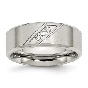 Stainless Steel Brushed and Polished w/CZ 8mm Beveled Edge Band