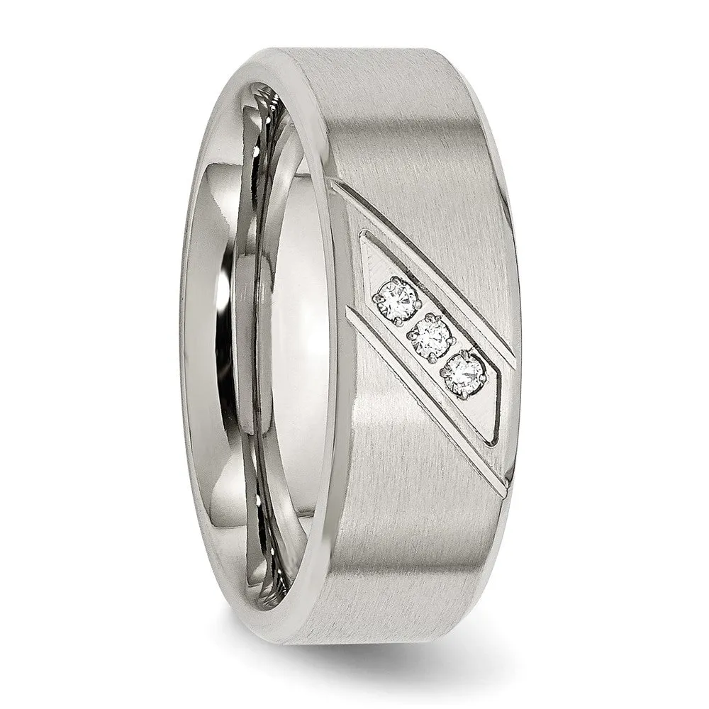 Stainless Steel Brushed and Polished w/CZ 8mm Beveled Edge Band