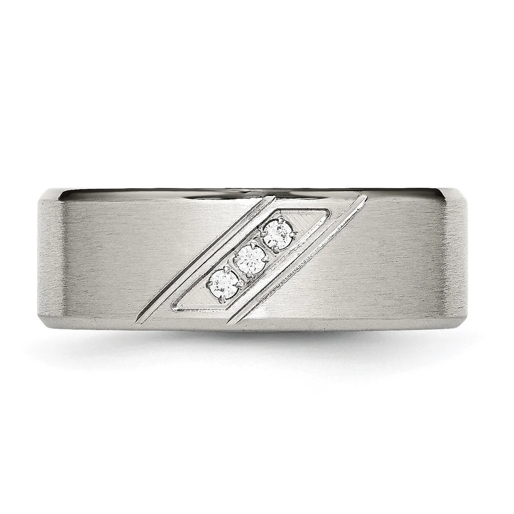 Stainless Steel Brushed and Polished w/CZ 8mm Beveled Edge Band