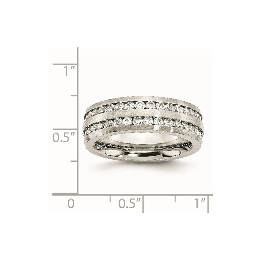 Stainless Steel Brushed w/Double Row CZ 7mm Band