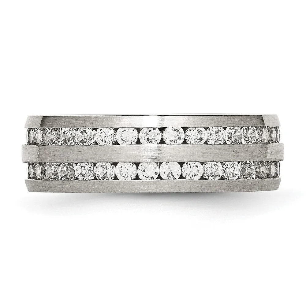 Stainless Steel Brushed w/Double Row CZ 7mm Band
