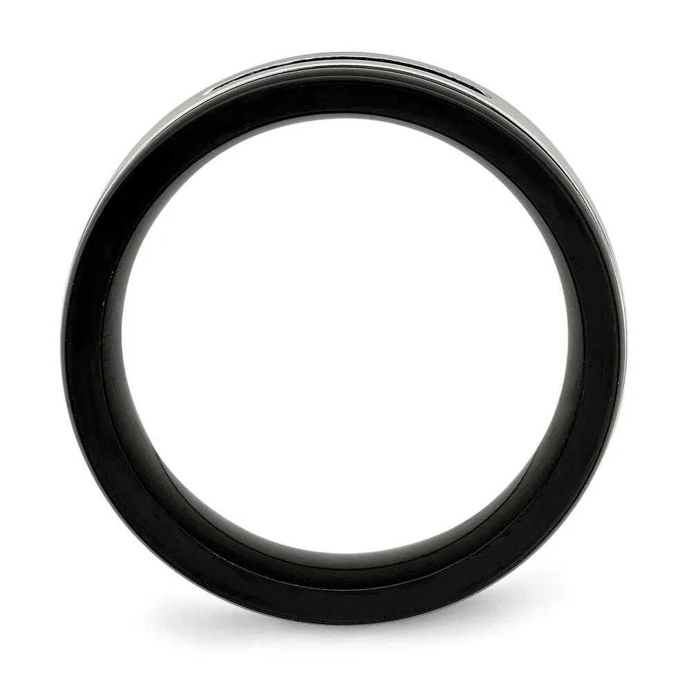Stainless Steel Brushed/Polished Black IP & Black CZ 8mm Grooved Band