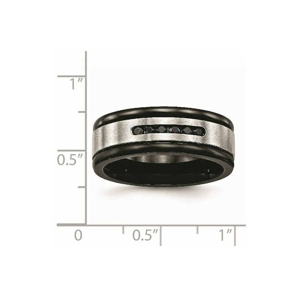Stainless Steel Brushed/Polished Black IP & Black CZ 8mm Grooved Band