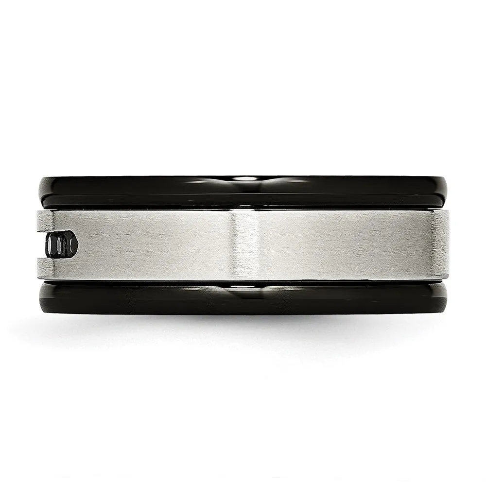 Stainless Steel Brushed/Polished Black IP & Black CZ 8mm Grooved Band