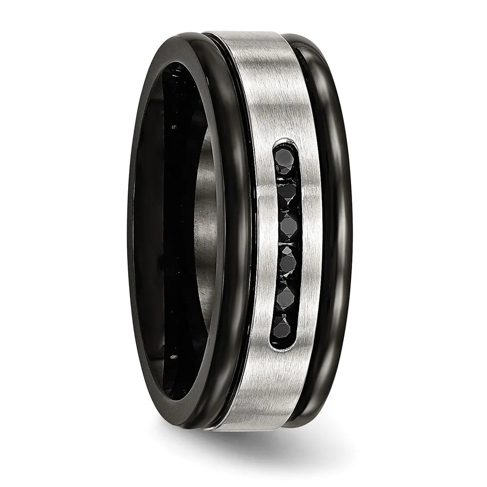 Stainless Steel Brushed/Polished Black IP & Black CZ 8mm Grooved Band