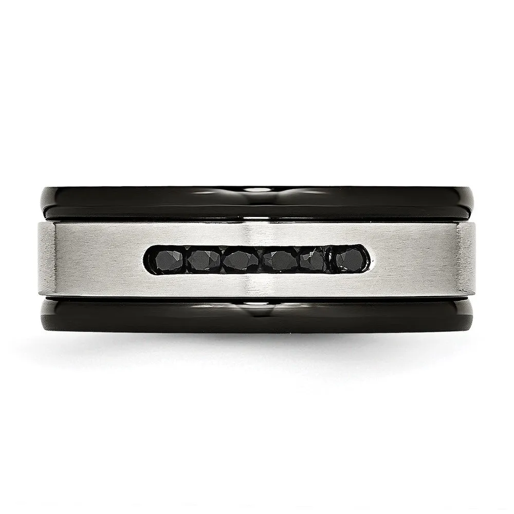 Stainless Steel Brushed/Polished Black IP & Black CZ 8mm Grooved Band