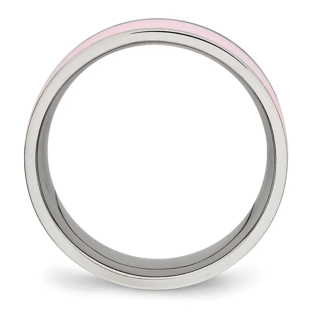 Stainless Steel Polished Pink Ceramic Ring