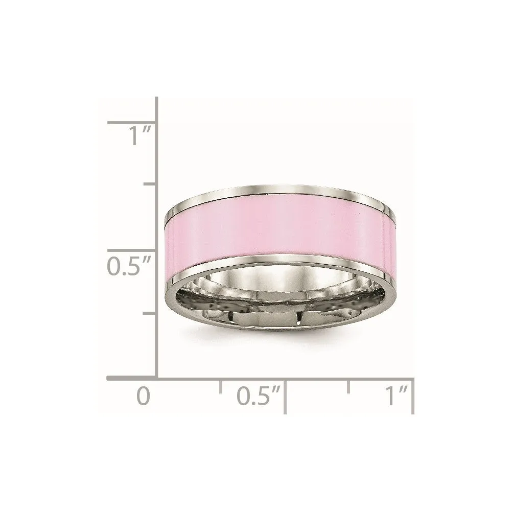 Stainless Steel Polished Pink Ceramic Ring
