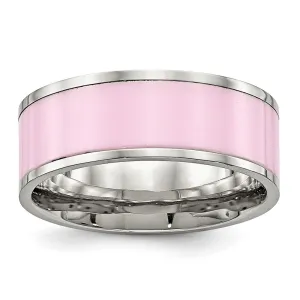 Stainless Steel Polished Pink Ceramic Ring