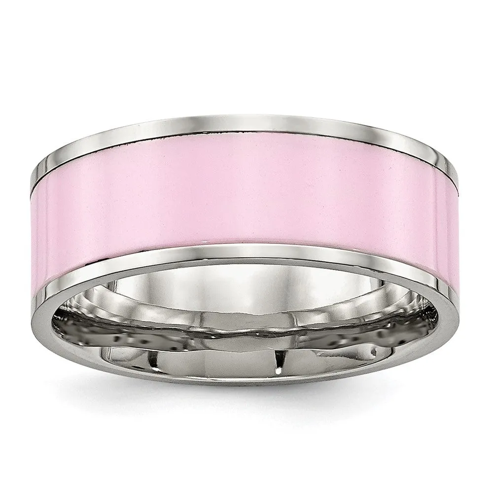 Stainless Steel Polished Pink Ceramic Ring