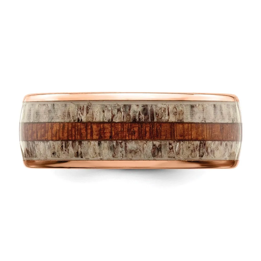 Stainless Steel Polished Rose IP w/Wood and Antler Inlay 8mm Band