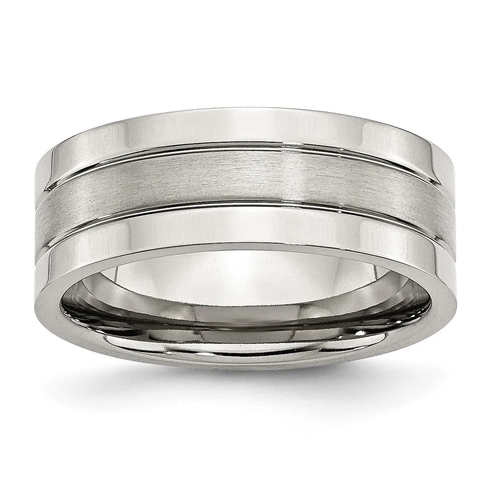 Stainless Steel Polished w/Satin Center 8mm Grooved Band