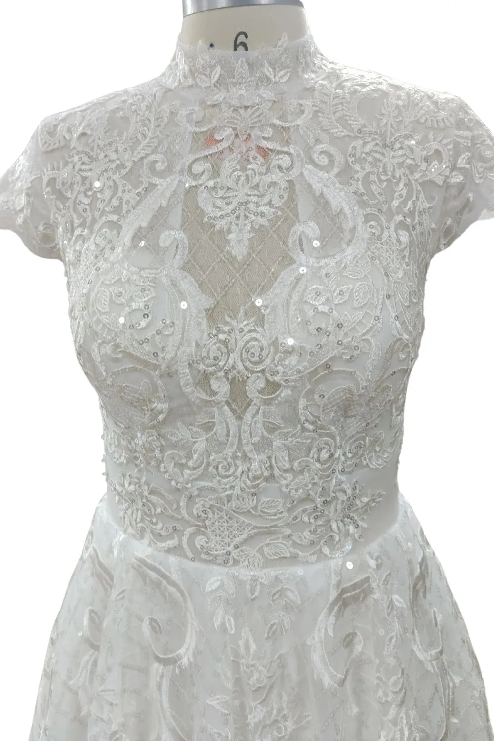 Stunning Appliques High Neck Lace Wedding Dresses with Sequins