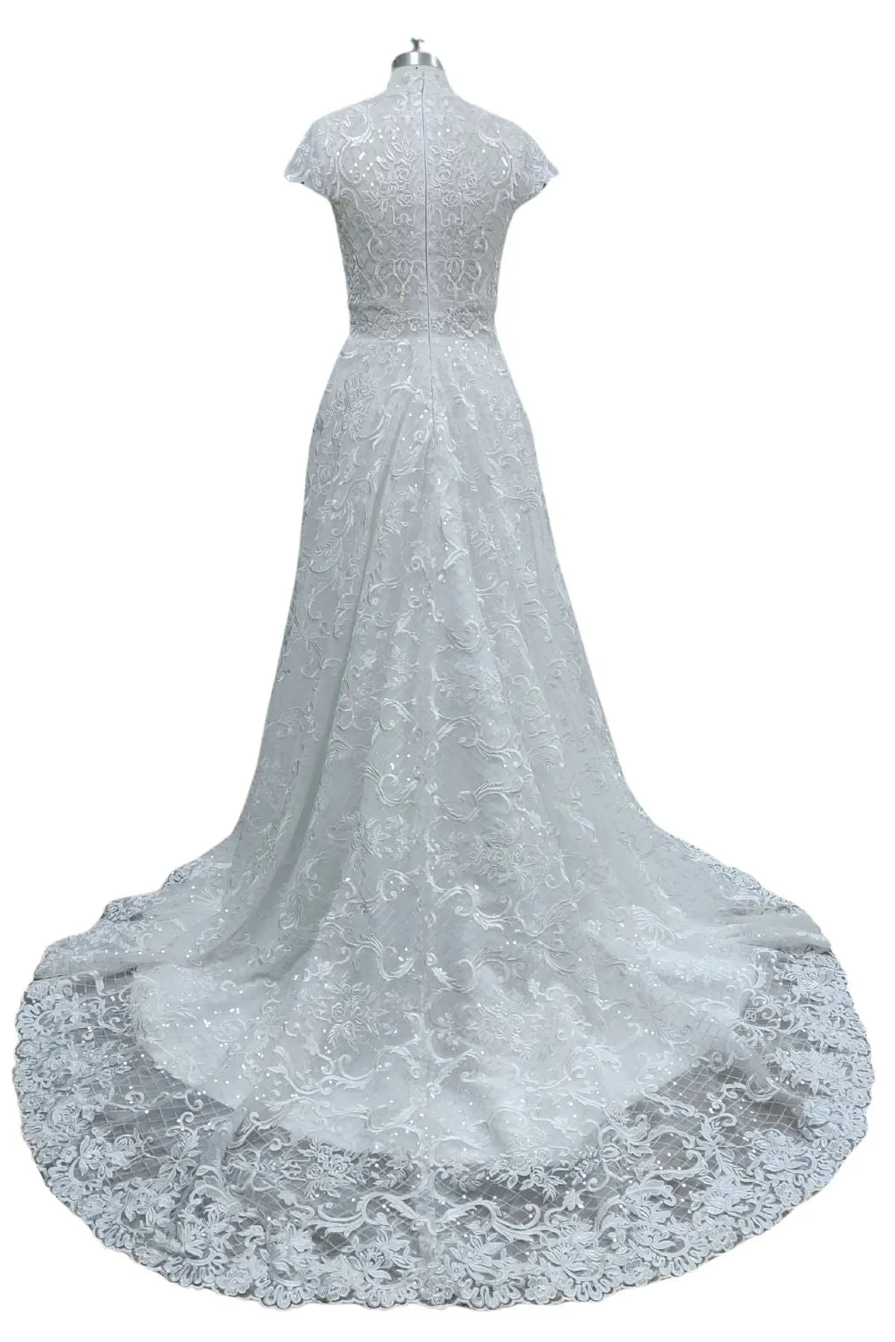 Stunning Appliques High Neck Lace Wedding Dresses with Sequins