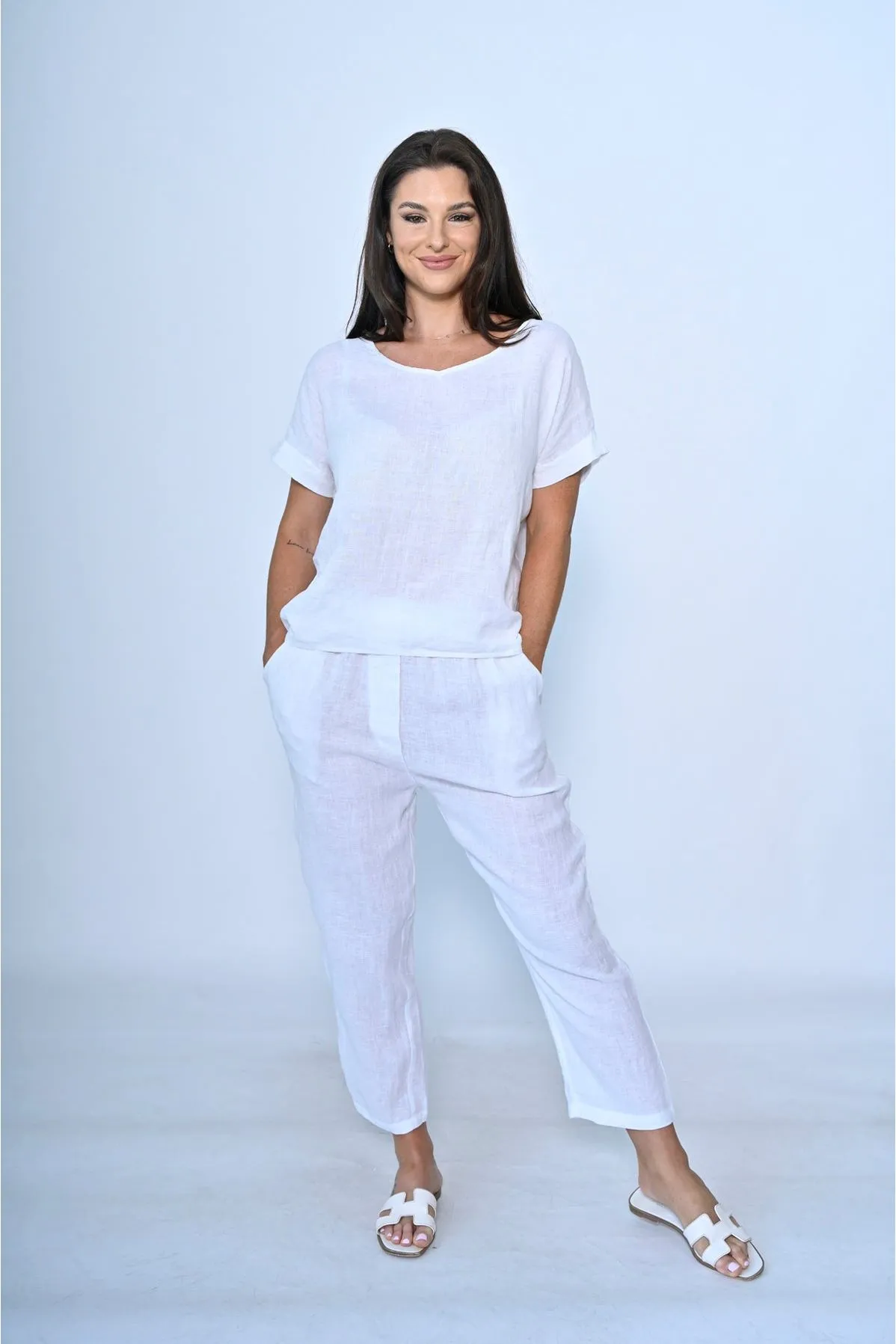 Tay V Neck Linen Top White