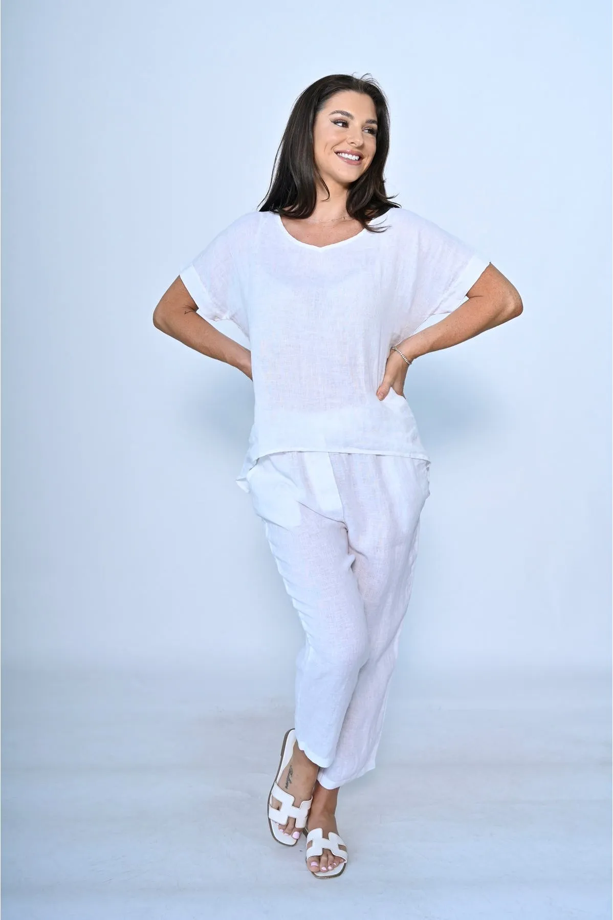Tay V Neck Linen Top White