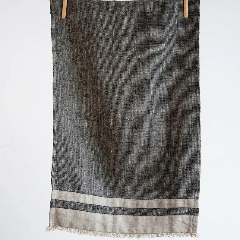 Tea Towel- Stone Washed Linen with Banding, Black Tweed and Natural