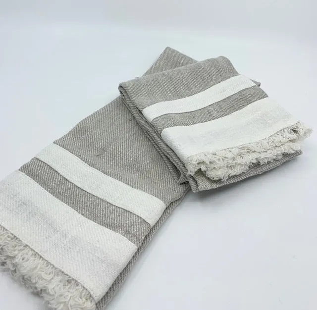 Tea Towel- Stone Washed Linen with Banding, Natural and White