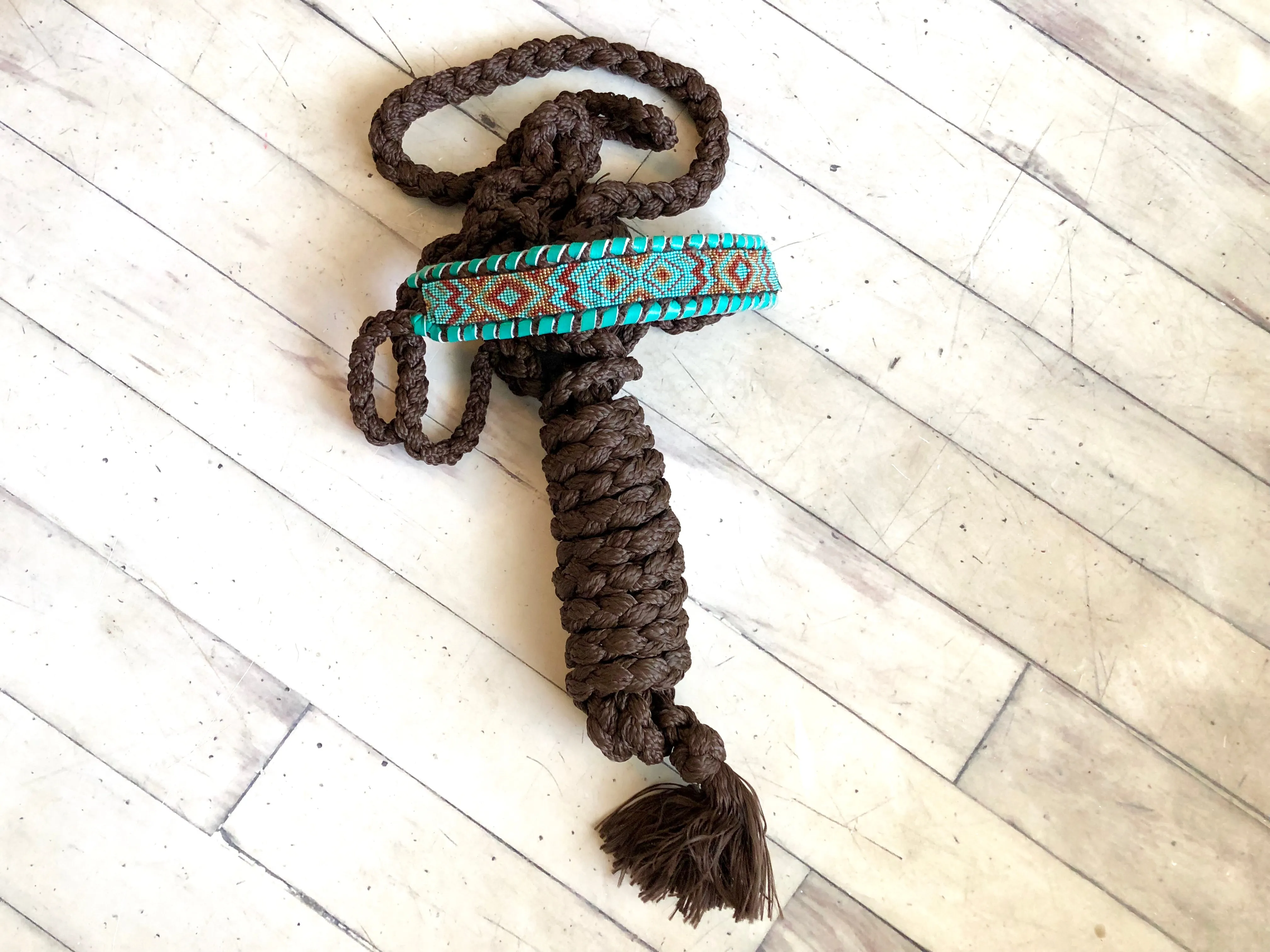 Teal and Brown Beaded Design on Brown Nylon Muletape
