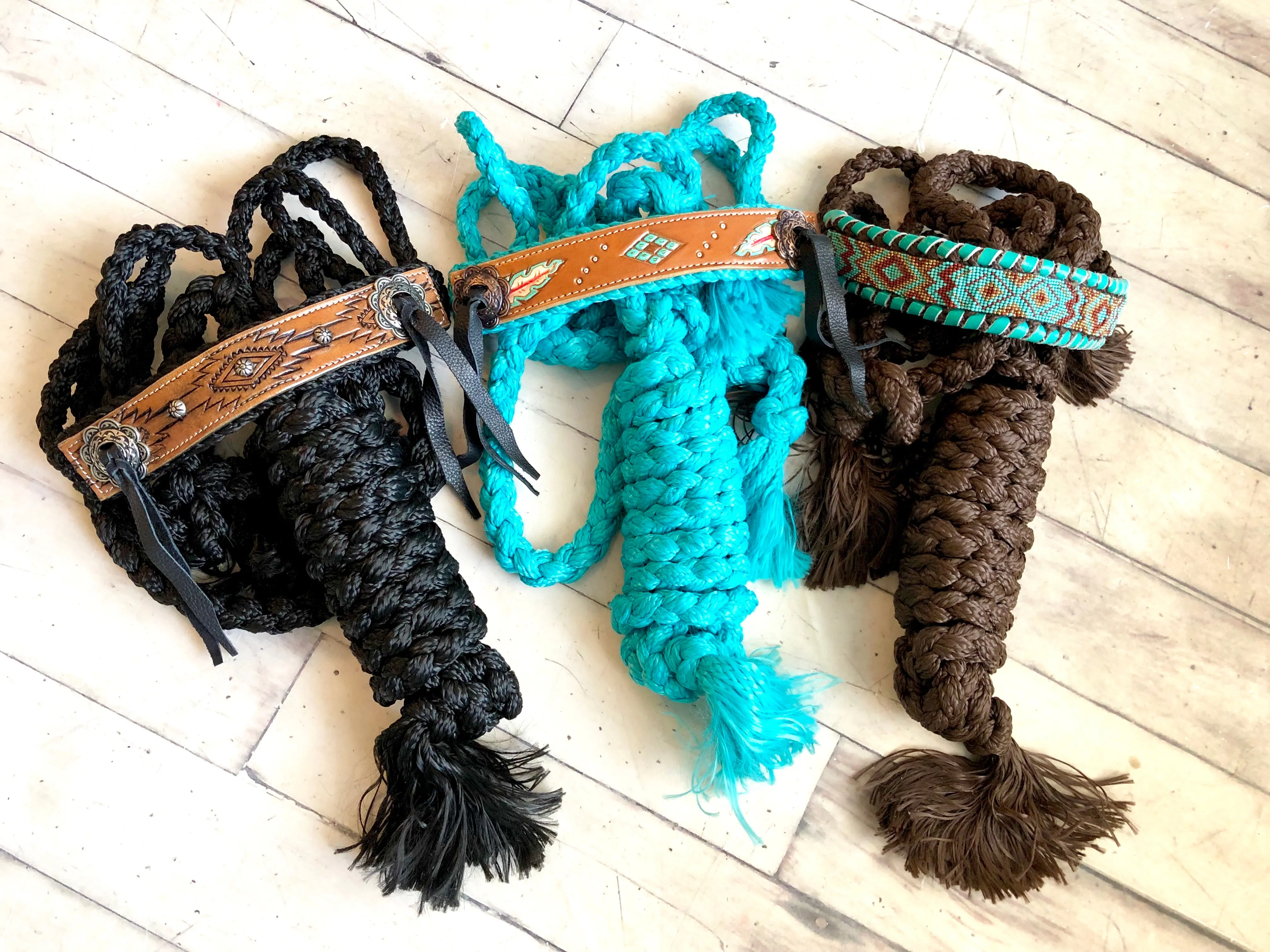 Teal and Brown Beaded Design on Brown Nylon Muletape